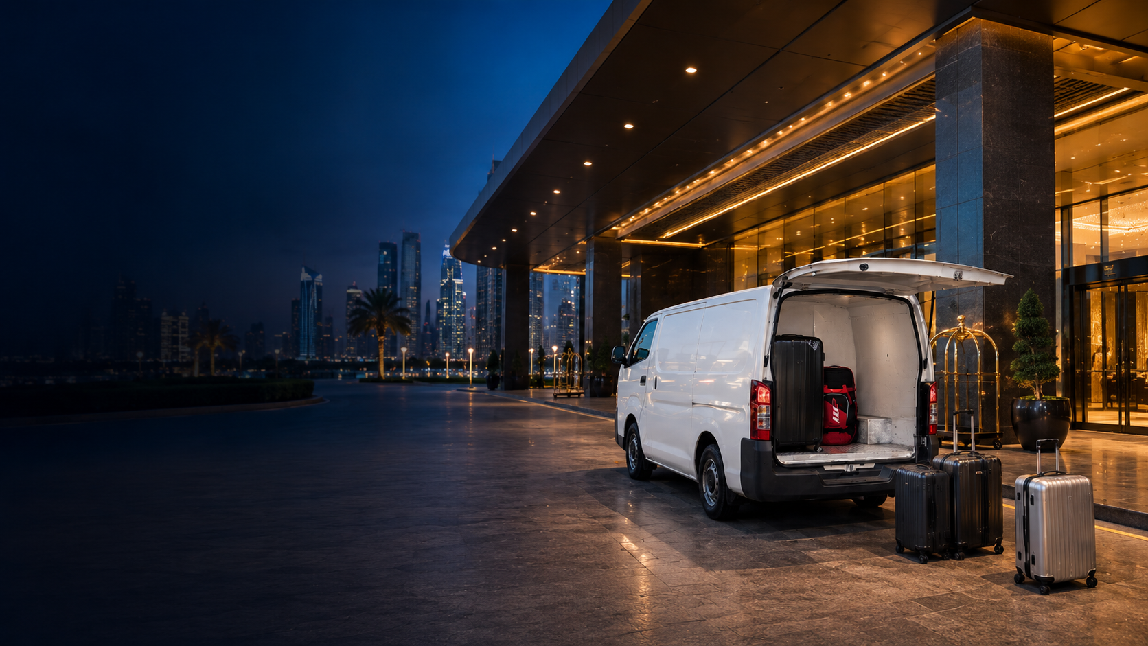 Hotel luggage delivery van at luxury hotel entrance